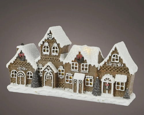 Vánoční dekorace pernikové domečky polyresin 24 x 6 x 12 cm hnědo-bílá Dekorativní scéna perníkové chaloupky s osvětlením pro vánoční období