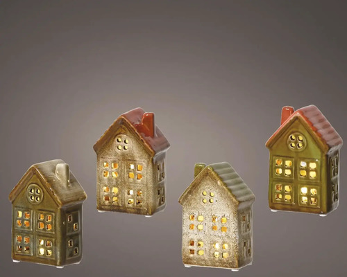 Svítící LED domek keramický 11 cm, různé druhy Čtyři dekorativní keramické domky s okenními otvory pro čajové svíčky