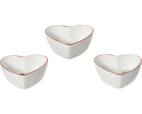 Miska srdce keramická 10 cm červeno-bílá Tři misky ve tvaru srdce s červeným okrajem