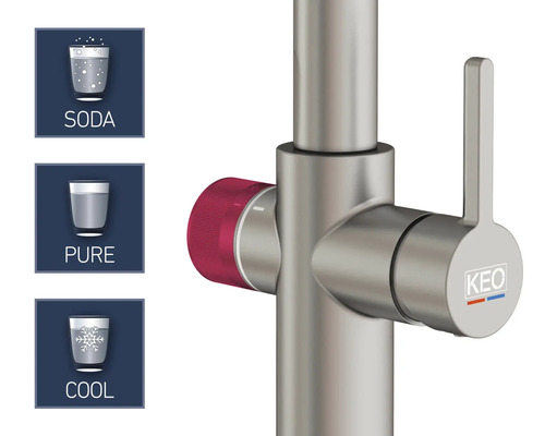 Vodovodní baterie s funkcí sody, čisté a chlazené vody a logem Keo