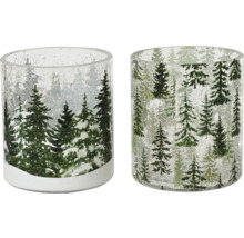 Dva skleněné držáky na čajové svíčky s motivy zimního lesa.