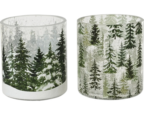 Dva skleněné držáky na čajové svíčky s motivy zimního lesa.