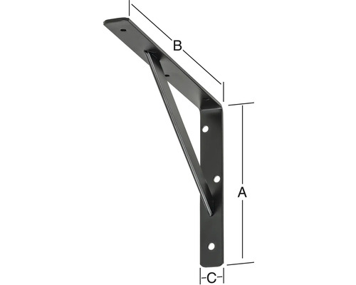 Policová konzole s rozměry A, B a C