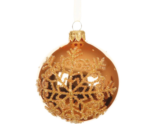 Vánoční ozdoba skleněná koule s vločkou Ø 15 cm oranžová Ozdobná vánoční ozdoba se vzorem sněhové vločky