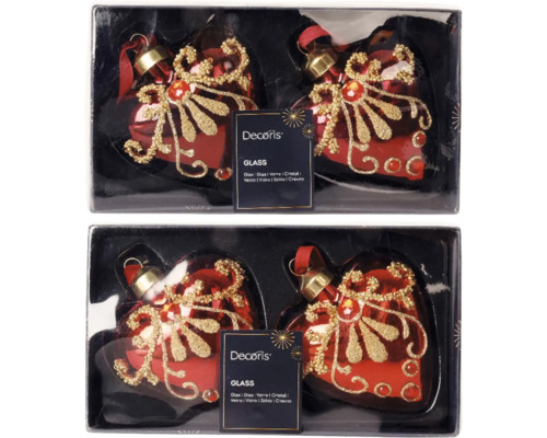 Vánoční ozdoby srdce zdobené skleněné zlato-červené 2 ks Balení dvou červených skleněných ozdob na vánoční stromeček ve tvaru srdce s dekorem