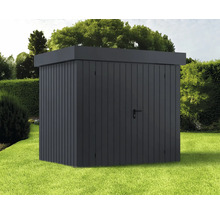 Obdélníkový zahradní domek s dveřmi na trávníku