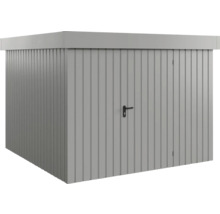 Šedý kovový zahradní domek s dveřmi a klikou