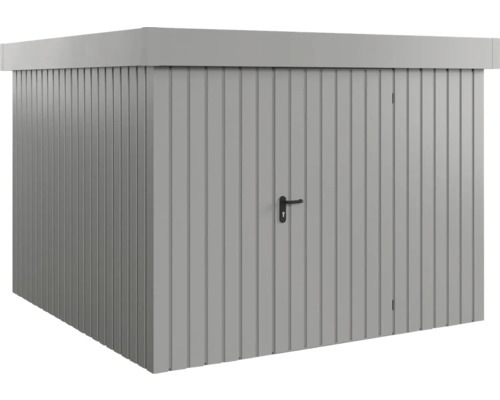 Šedý kovový zahradní domek s dveřmi a klikou