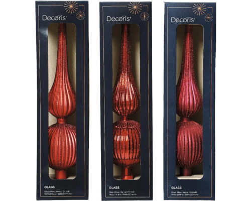 Tři skleněné dekorační špičky v obalu produktu