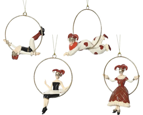 Vánončí ozdoba akrobatka na kruhu 13 cm 1 ks, různé druhy Čtyři figurky harlekýnů jako vánoční ozdoby zavěšené na zlatých kroužcích