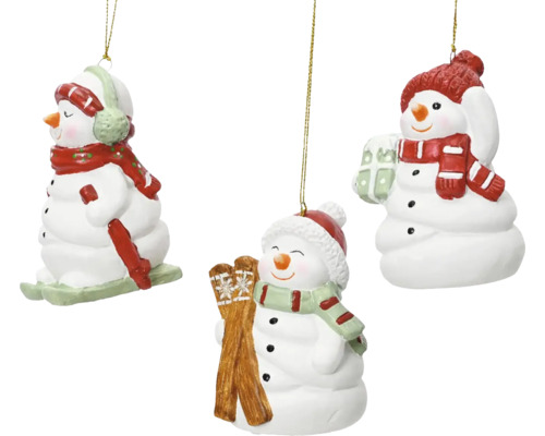 Tři figurky sněhuláků jako ozdoby na vánoční stromeček