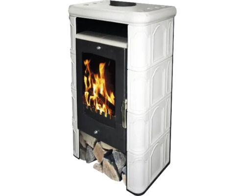 Krbová kamna DOMOFIRE Bergamo II. keramika černá 7 kW bez externího přívodu vzduchu Krbová kamna s palivovým dřívím a bílým obkladem