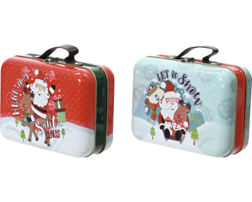 Krabička plechová kufřík 18 x 13 x 8 cm Dva ozdobné kovové kufříky s vánočními motivy a držadlem