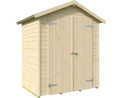 Dřevěná zahradní kůlna s dvoukřídlými dveřmi pro uložení zahradního nářadí