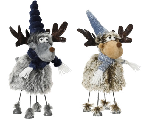 Dekorativní figurka jelen textilní 26 cm Dva dekorativní sobi s čepicí a šálou jako vánoční dekorace