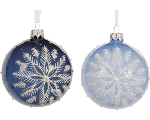 Vánoční ozdoba skleněná koule Ø 8 cm bílo-modrá Dvě vánoční koule se vzorem sněhové vločky