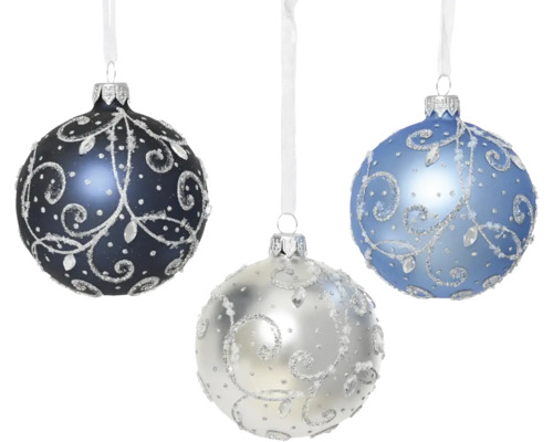 Vánoční ozdoba skleněná koule Ø 8 cm bílo-modrá Tři ozdobné vánoční koule s ornamenty
