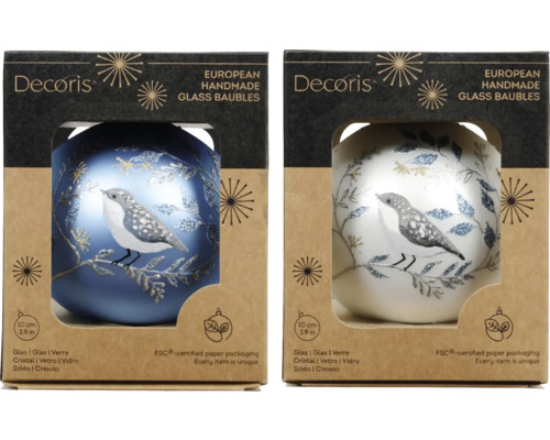 Dvě skleněné vánoční koule Decoris s motivem ptáčka v balení