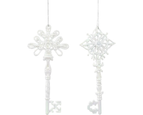 Vánoční ozdoba klíč 16 cm bílá, různé druhy Dva ozdobné klíčenky ve tvaru sněhových vloček jako vánoční ozdoby
