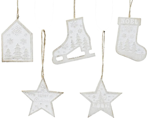 Vánoční ozdoba zimní motivy dřevěná 9 cm, různé druhy Vánoční ozdoby k zavěšení s motivy domu, bruslí, punčochy a hvězdy