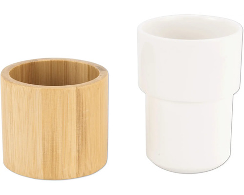 Sada do koupelny skládající se z bambusového kelímku na zubní kartáčky a keramického kelímku na zubní kartáčky