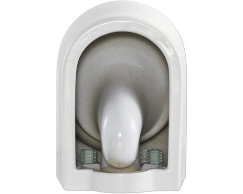 Vnitřní pohled na bílou závěsnou toaletu