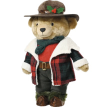 Plyšový medvěd s kloboukem a kostkovaným kabátem jako dekorace