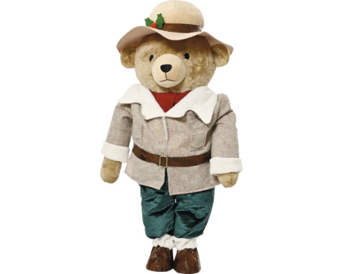 Medvídek s kloboukem, bundou a kalhotami jako dekorace