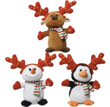 Sada plyšových figurek se soby, sněhulákem a tučňákem s ozdobou hlavy ve tvaru paroží a šálou