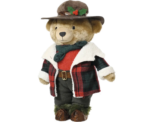 Plyšový medvěd s kloboukem, šálou a kostkovaným kabátem