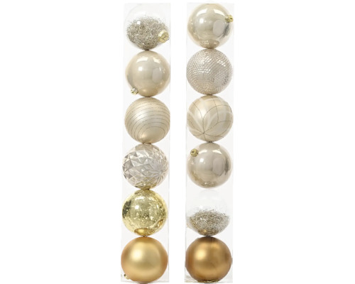 Dvě řady vánočních koulí s různými texturami a vzory.