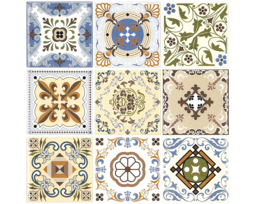 Samolepicí PVC panel 1105 30,5 x 30,5 cm balení 4 ks Devět dekorativních dlaždic s různými květinovými a geometrickými vzory