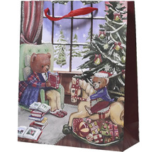 Dárková taška s motivem medvídka, vánočního stromku a zimní krajiny