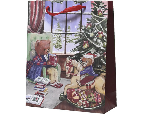 Dárková taška vánoční 10 x 26 x 32 červená Dárková taška s motivem medvídka, vánočního stromku a zimní krajiny