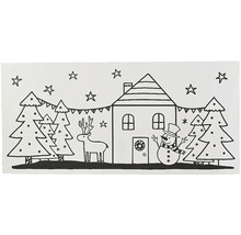 Ilustrace vánoční scény s domem, vánočními stromky, sobem a sněhulákem