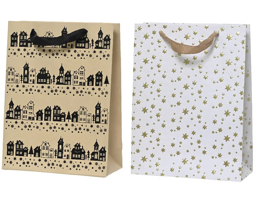 Dárková taška vánoční 8 x 18 x 24, různé barvy Dvě dárkové tašky s různými vzory: domy a hvězdy.