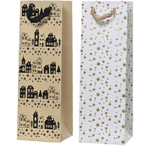 Dvě dárkové tašky, jedna s domy a sněhovými vločkami, druhá s hvězdami