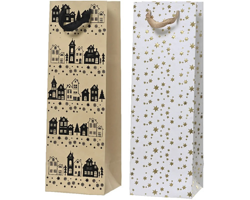 Dárková taška vánoční 10 x 12 x 36, různé barvy Dvě dárkové tašky, jedna s domy a sněhovými vločkami, druhá s hvězdami