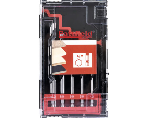Sada vrtáků do dřeva Pattfield s pěti díly v průhledném úložném boxu