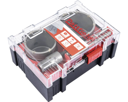 Sada děrovek na dlaždice Pattfield s různými děrovacími pilami a stopkou SDS-Plus v úložném boxu