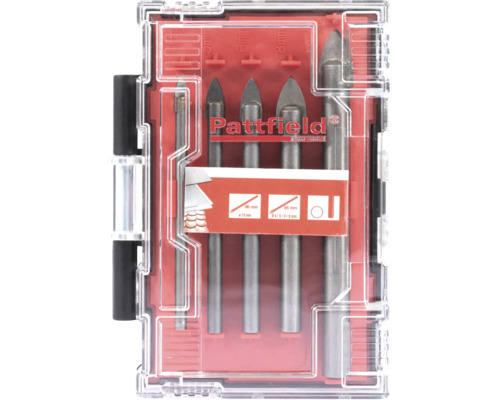 Sada vrtáků na sklo Pattfield různých velikostí v průhledném plastovém boxu