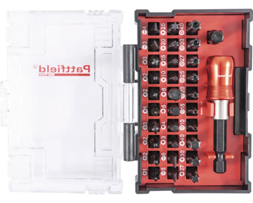 Logo Pattfield. Šroubovák se sadou bitů v otevřeném pouzdře.