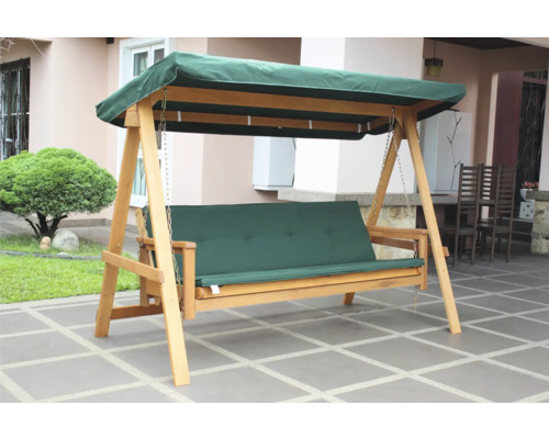 Dřevěná houpačka se zeleným sedákem a stříškou do zahrady