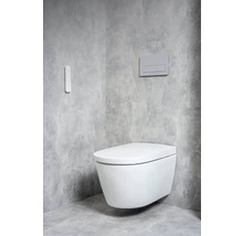 Závěsná toaleta s ovládacím panelem v koupelně s betonovým vzhledem.