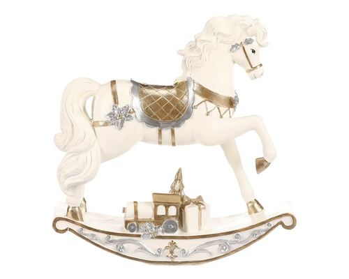 Vánoční figurka houpací koník s dárkem polyresin krémovo-zlatý Dekorativní houpací kůň s ozdobou vlaku pro vánoční období