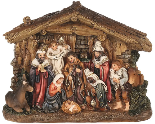 Betlém se třemi králi polyresin hnědý Betlém s Ježíškem, Marií, Josefem, Třemi králi, andělem, volem a oslem.