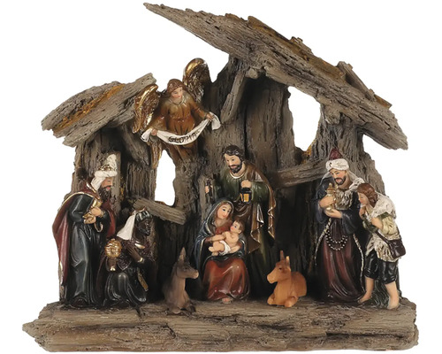 Betlém s Svatou rodinou, králi a anděly pod dřevěnou střechou