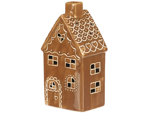 Dekorativní keramická lampa ve tvaru perníkové chaloupky s okny a dveřmi
