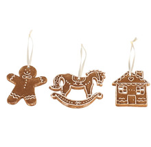 Dekorativní ozdoby na vánoční stromeček v perníkovém designu: muž, houpací kůň a dům