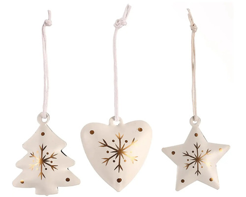 Kovová vánoční ozdoba na pověšení bílá mix druhů 9 ks Dekorativní ozdoby na vánoční stromeček, sada tří figurek: vánoční stromek, srdce a hvězda